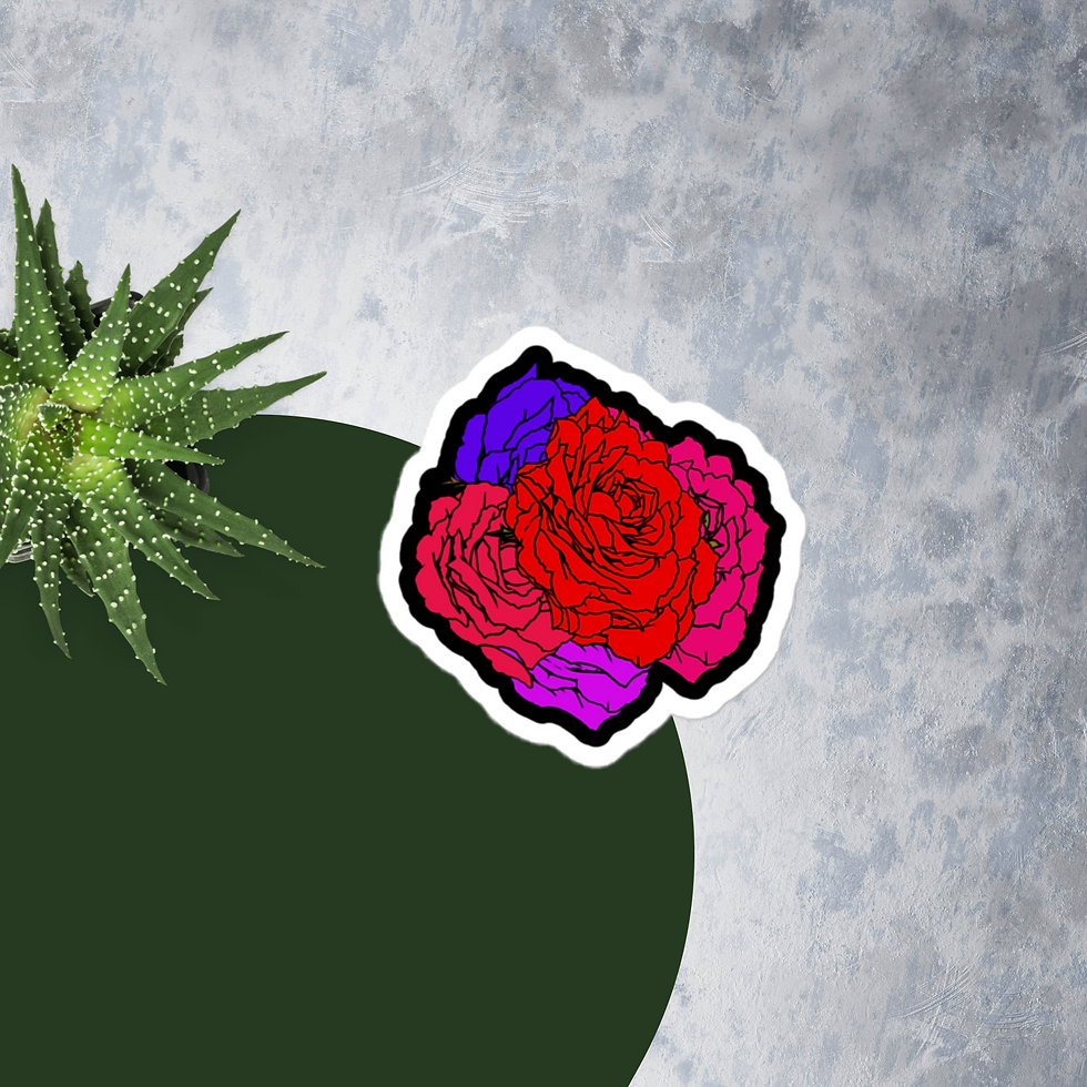 Miniatura: Colorful roses sticker, green plant, and textured background. Artistic design concept.