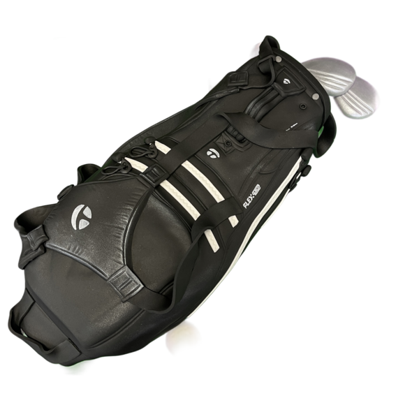 A creatively designed golf bag-shaped celebration cake perfect for golf enthusiasts, with realistic details and vibrant colours.