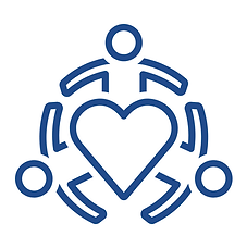 Illustration of three people holding hands around a heart, representing community support, love, and togetherness.