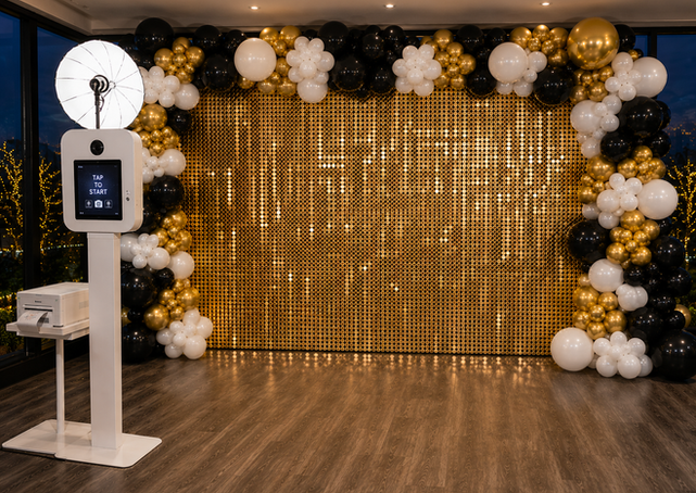Photobooth set up with balloon garland in Boca Raton, FL
