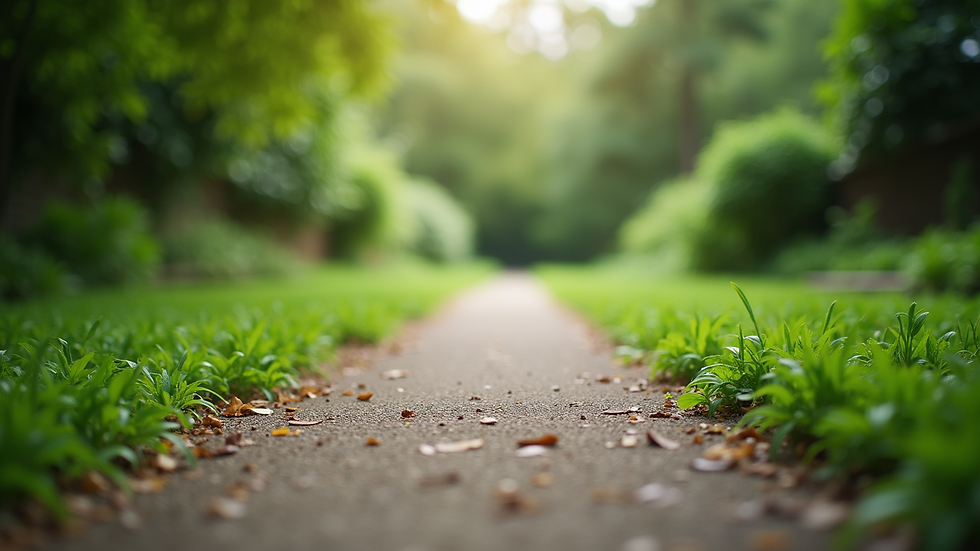 Eye-level view of a serene garden path surrounded by lush greenery
