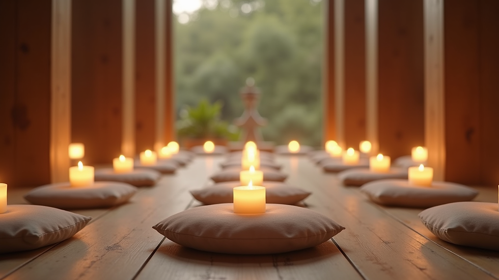 Eye-level view of a serene meditation space with candles and cushions