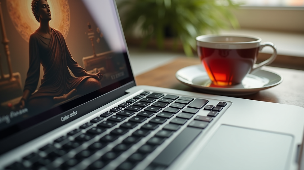 Close-up view of a laptop screen displaying a spiritual growth course with a cup of tea nearby
