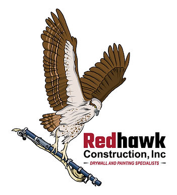 Redhawk Drywall & Painting Specialists logo featuring a hawk gripping a drywall bazooka, symbolizing strength, and precision