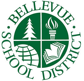 Bellevue School District Logo in grass green with tree, globe, book and torch icons