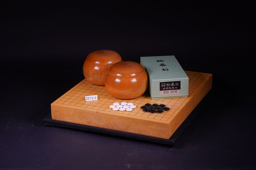 SET313】九州山地産本榧 柾目 一枚盤 卓上碁盤セット（月印33号 桜碁笥