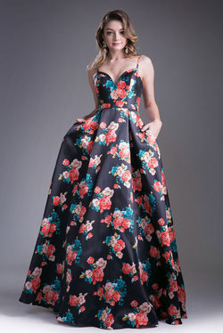 Floral black gown CD13103 front pockets