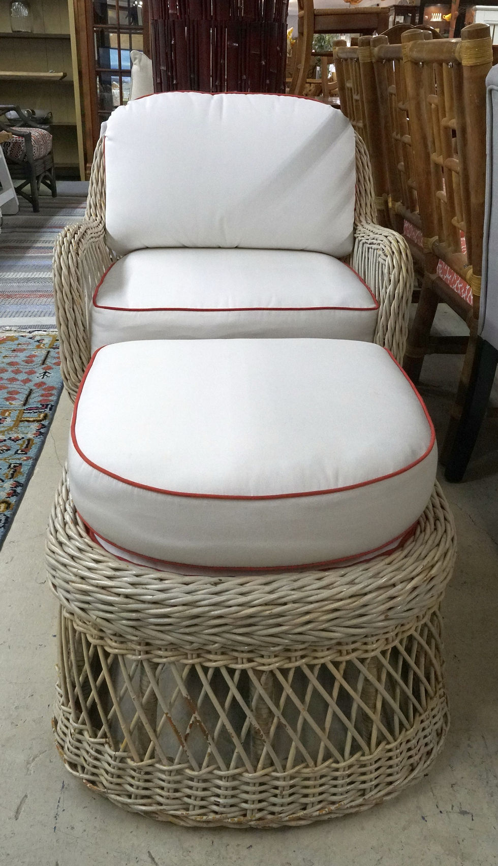 Thumbnail: Vintage Rattan Armchair w/ Ottoman $449.00
