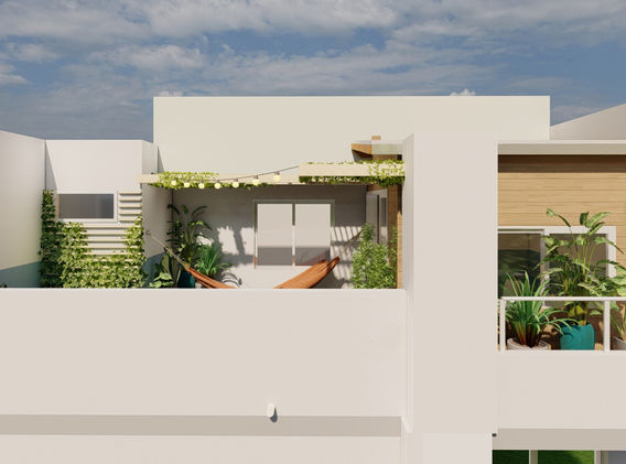 Fachada externa de construção em madeira em cobertura com vegetação.