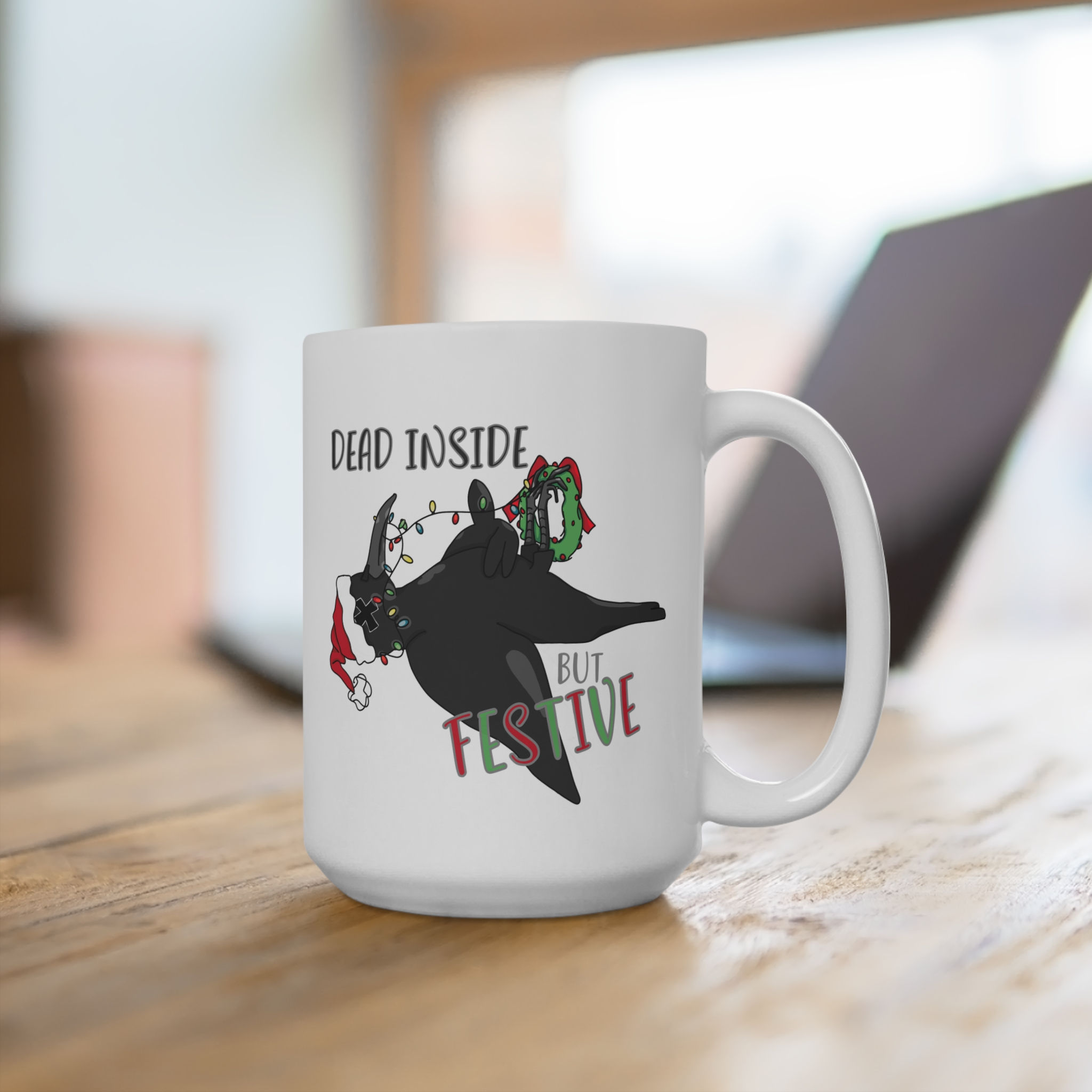 15oz Mug — "Dead Inside But Festive" Black Cat Christmas Coffee Cup