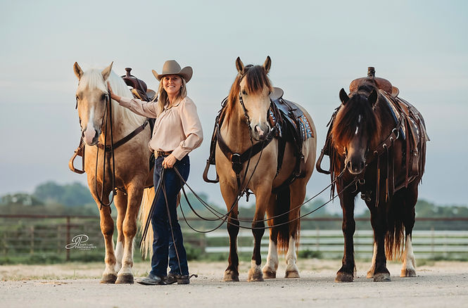 Melissa Baus standing with Whiskey Spirit and Bubbles - all half draft horses