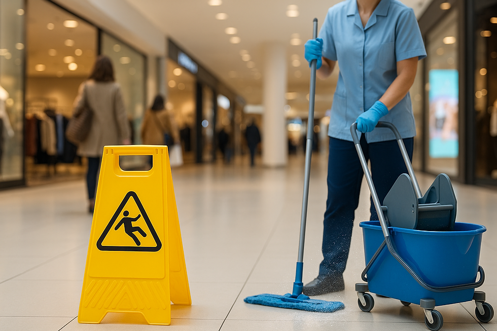 profesional del aseo trabajando en centro comercial