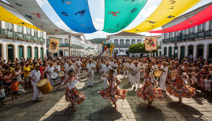 Vista ampla de uma apresentação cultural comunitária em praça pública.