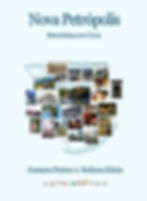 Capa de livro, cor branca com fotos coloridas no centro