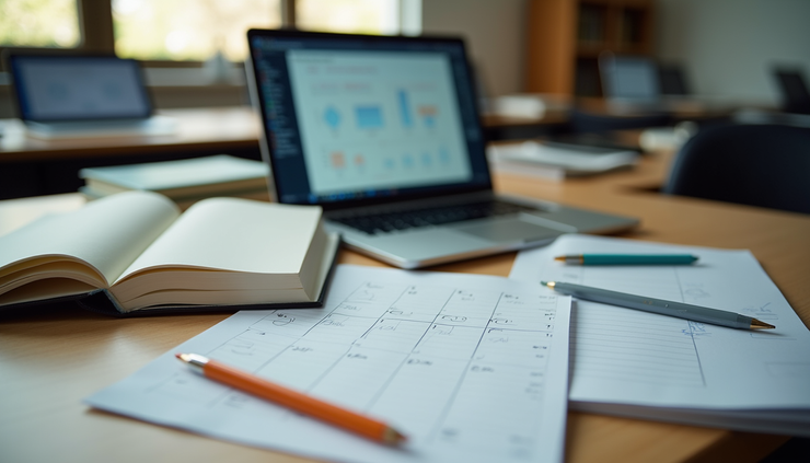 Plano médio de uma mesa escolar com cadernos, livros e um laptop aberto com gráficos educacionais