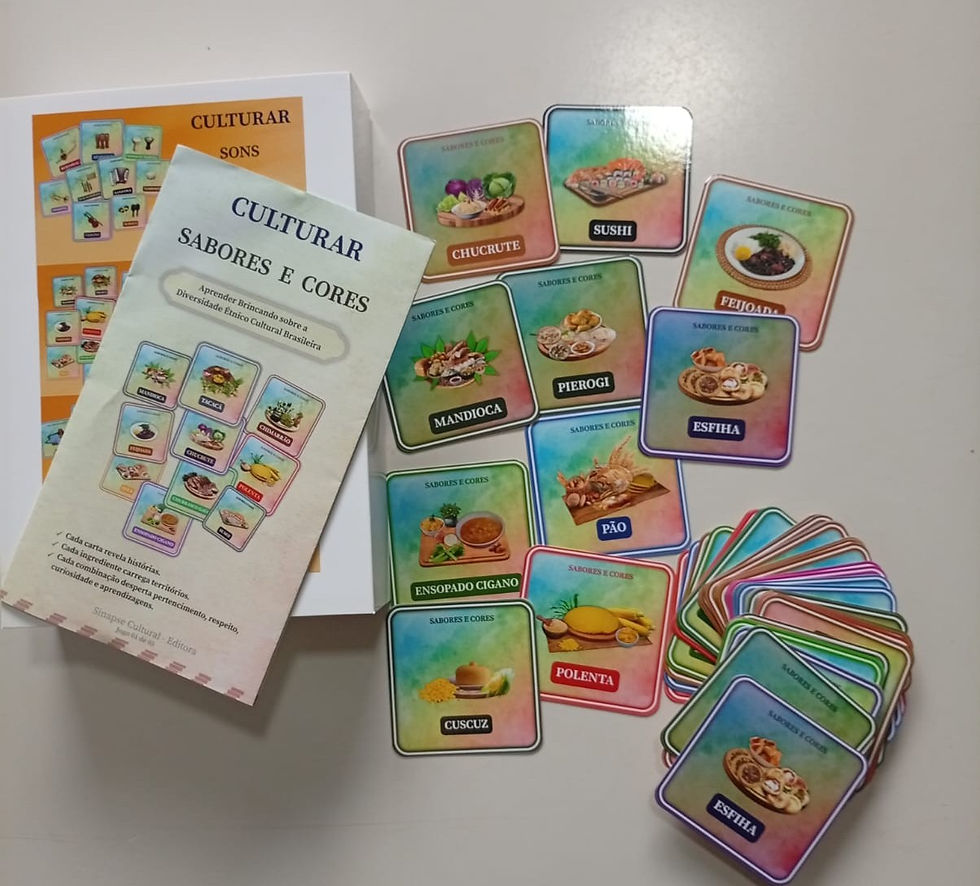 Cartas coloridas com nomes de pratos como mandioquinha e sushi, ao lado de um folheto "Culturar Sabores e Cores" em fundo claro.