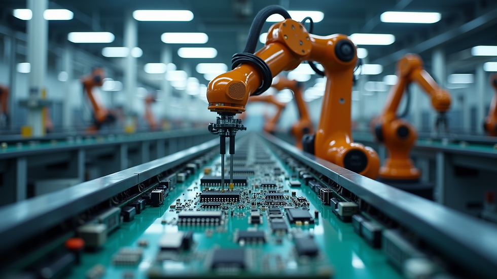 Eye-level view of a modern electronics manufacturing assembly line with robotic arms