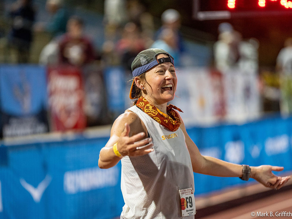 Katie Asmuth celebrates her fourth-place finish at Western States in 2023, even with a broken bone in her foot.