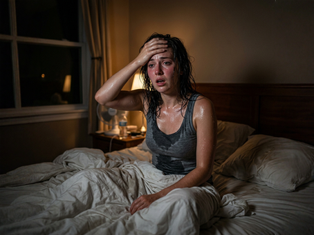 Frau Verschwiztz im bett weil es zu heiss ist