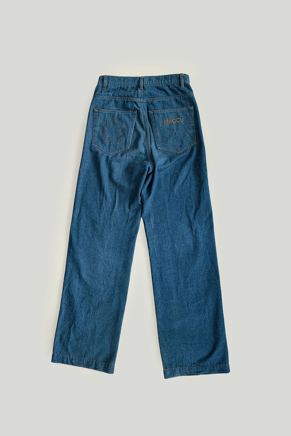 Thumbnail: dark blue denim pants, jeans with sun embroidery