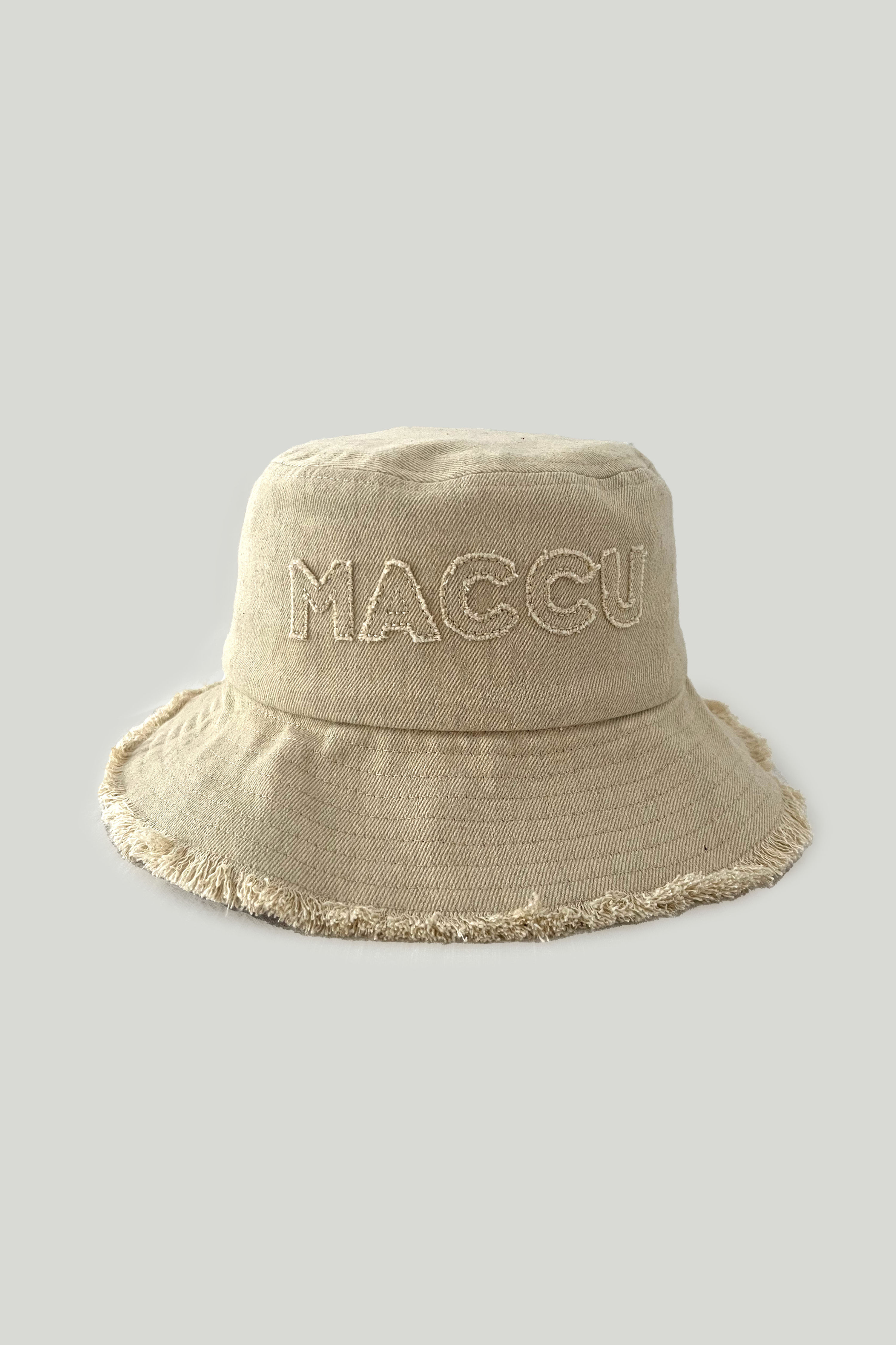 butter melange denim bucket hat with frayed ends