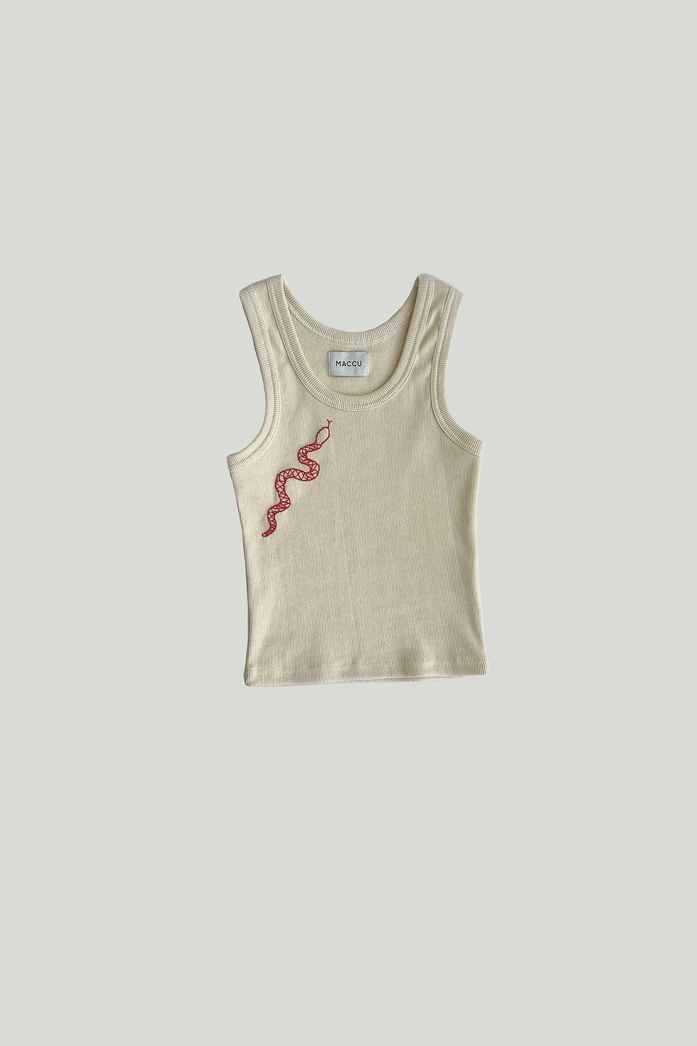 natural white organic cotton tank top with red snake embroidery