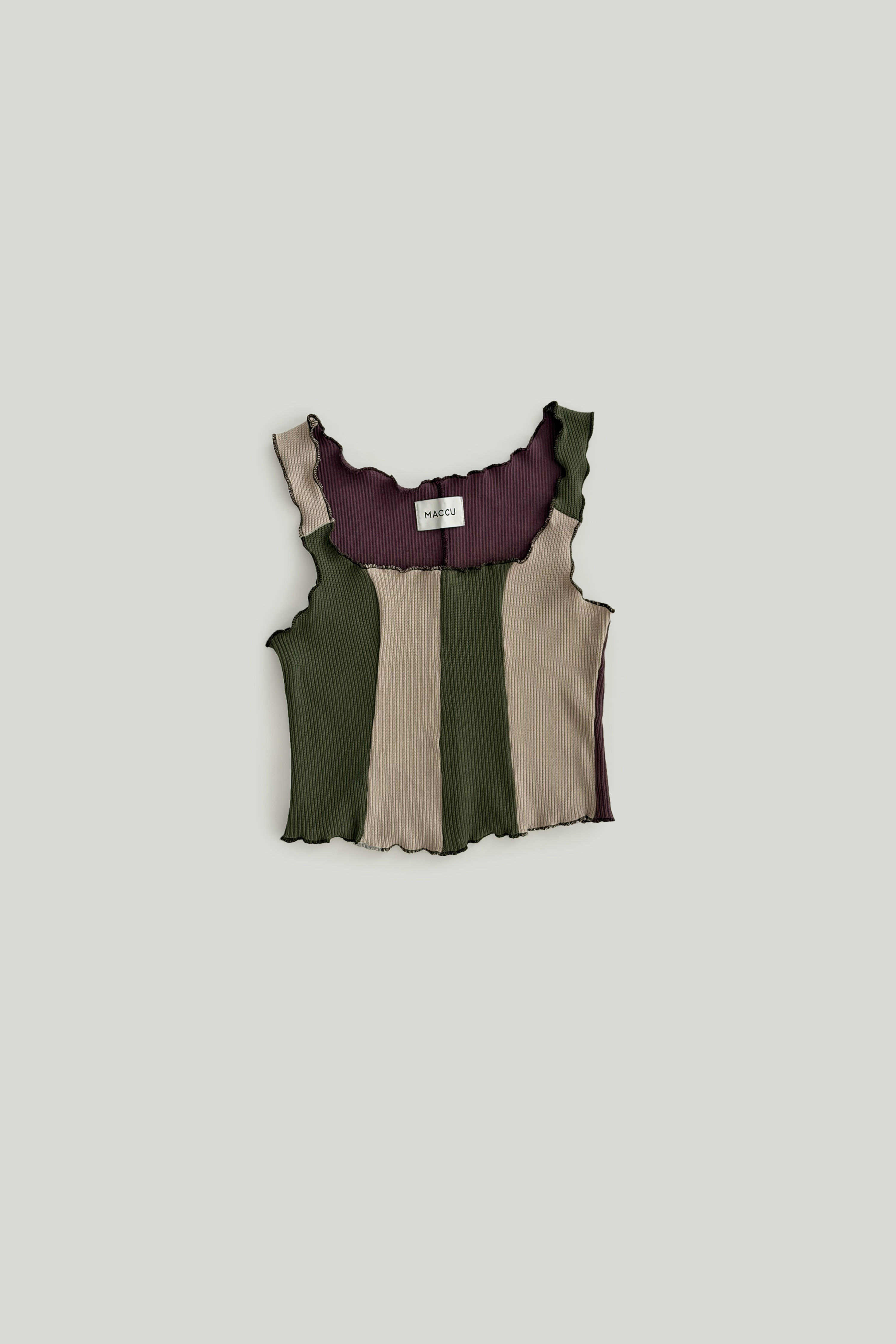 Patchwork top made in knitted cotton jersey, in sand, army and mauve colour