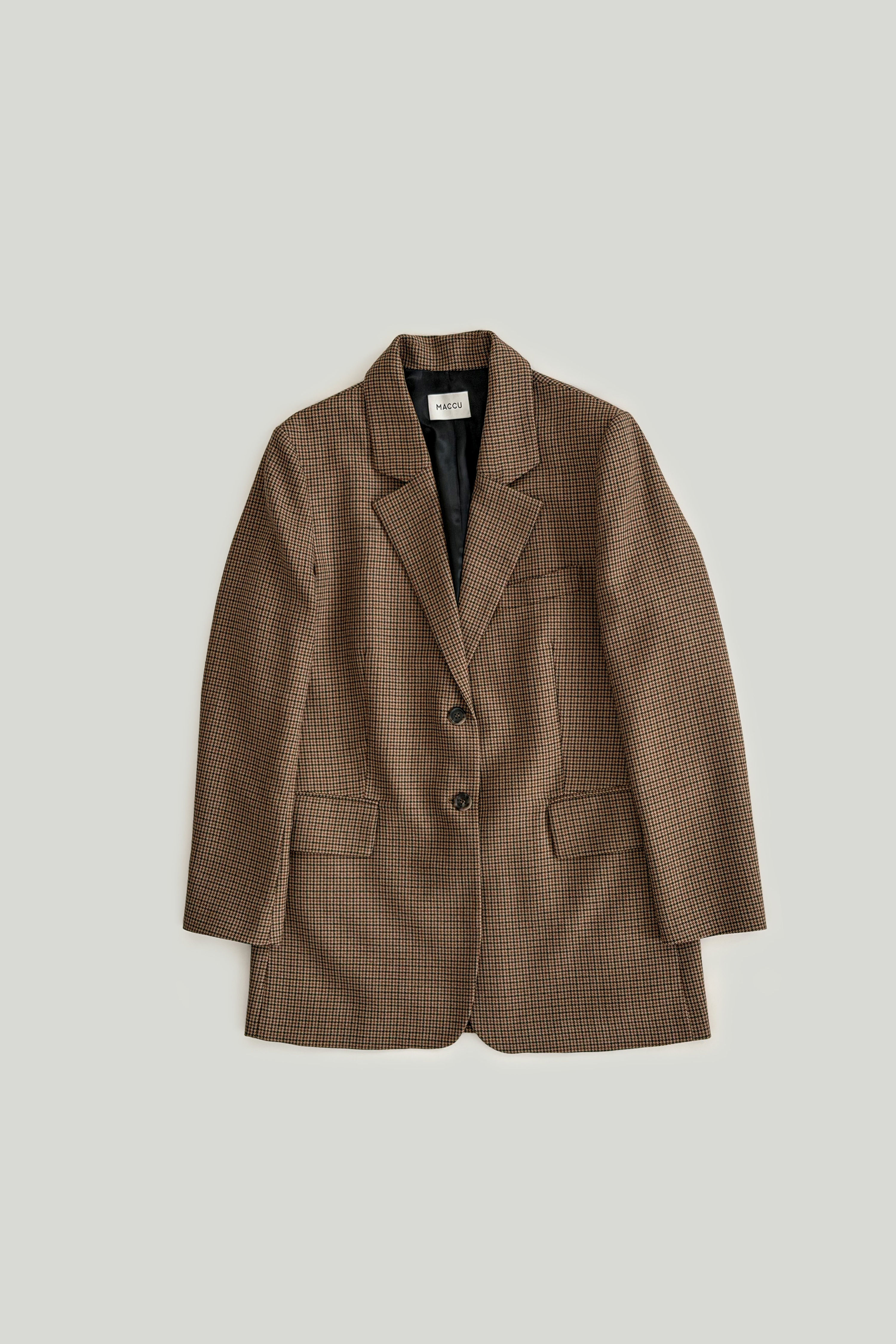 brown oversized checked wool suit jacket with horn buttons