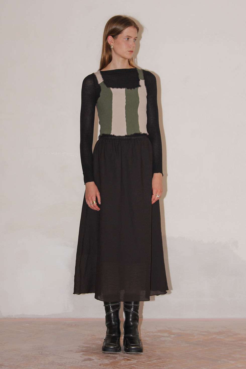 Double layered midi skirt crafted from chocolate brown sheer lightweight cotton