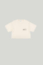 cropped white organic cotton t-shirt with mide-century sun print