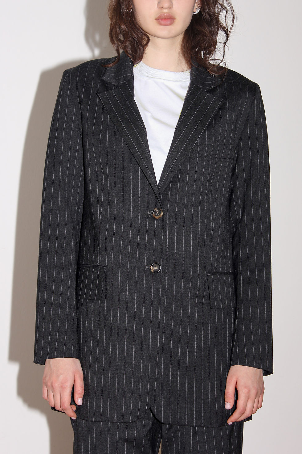 Thumbnail: black oversized striped wool suit jacket with  horn buttons