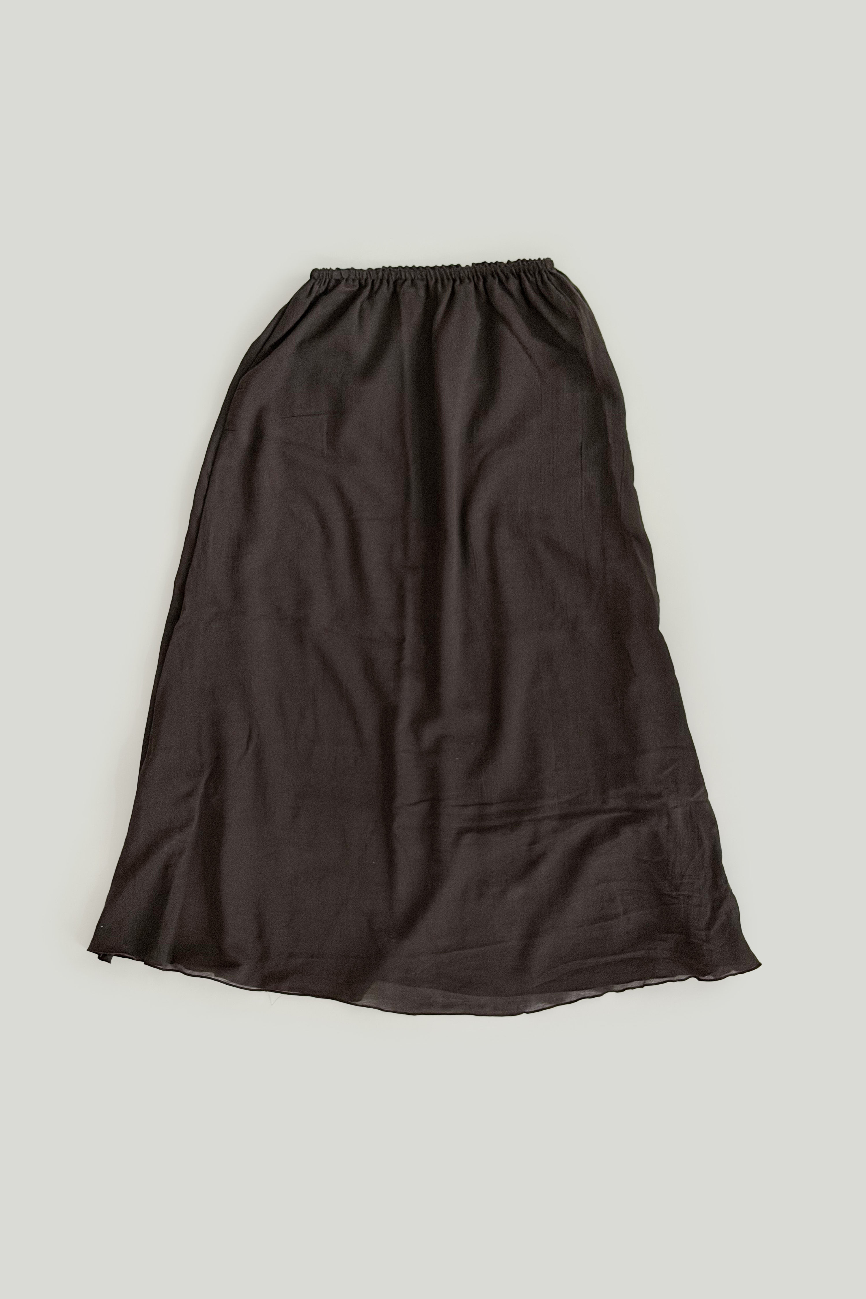 Double layered midi skirt crafted from chocolate brown sheer lightweight cotton
