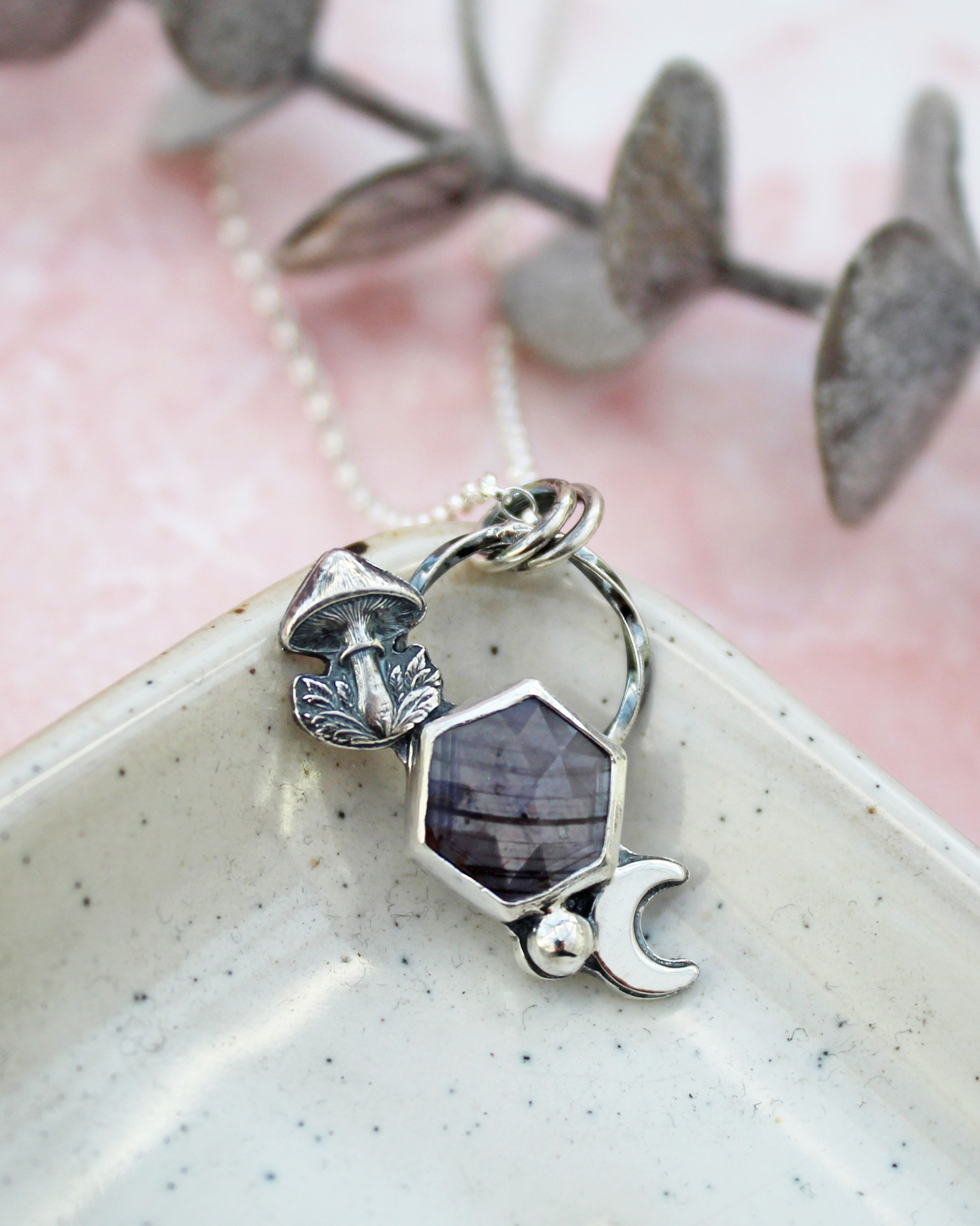 Moon and Mushroom Sapphire Necklace