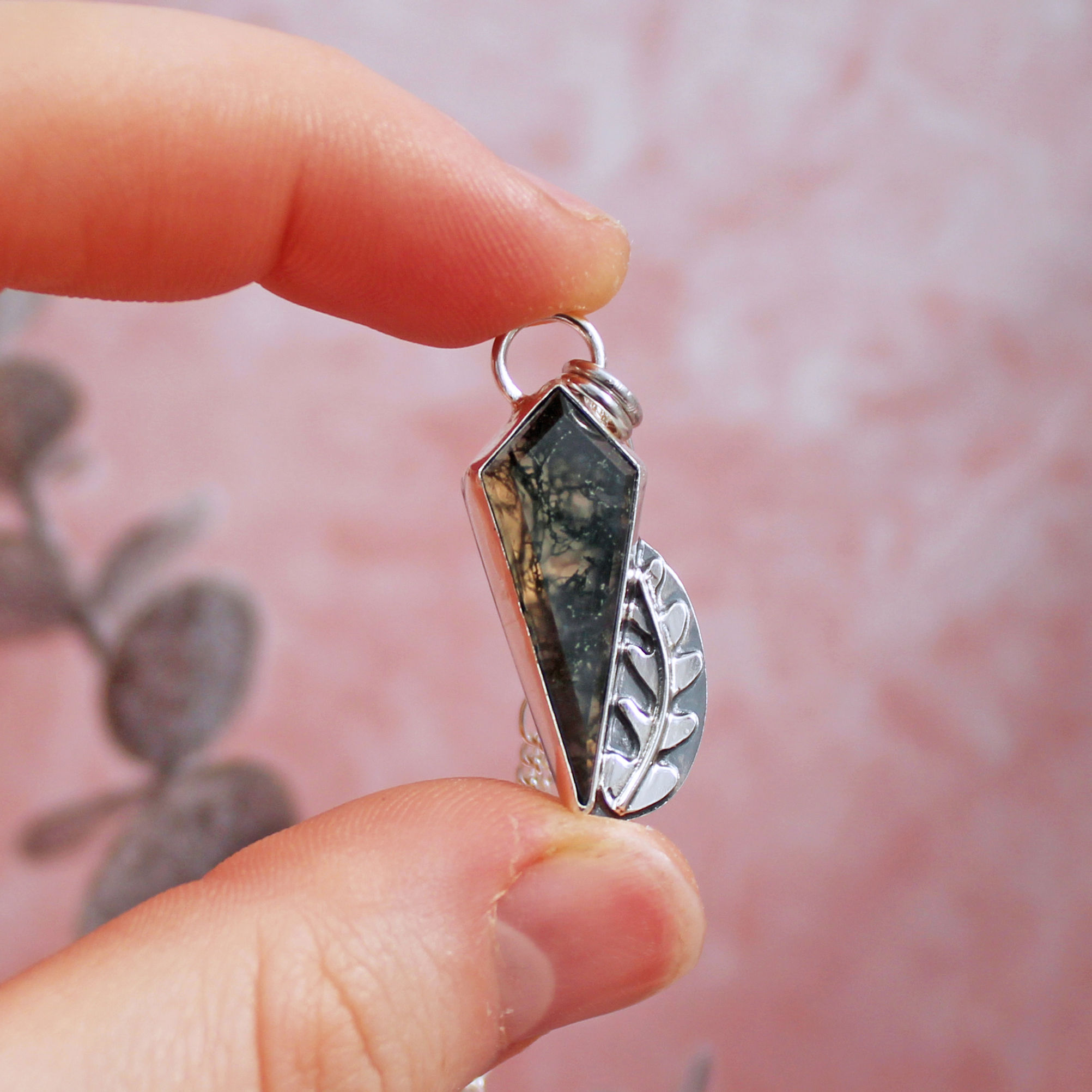 Moss Agate Leaf Sterling Silver Necklace