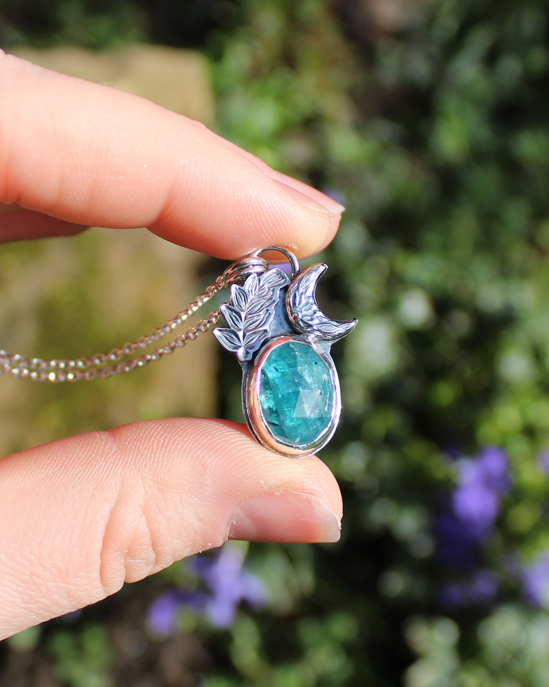 Kyanite Moon and Leaf Sterling Silver Necklace