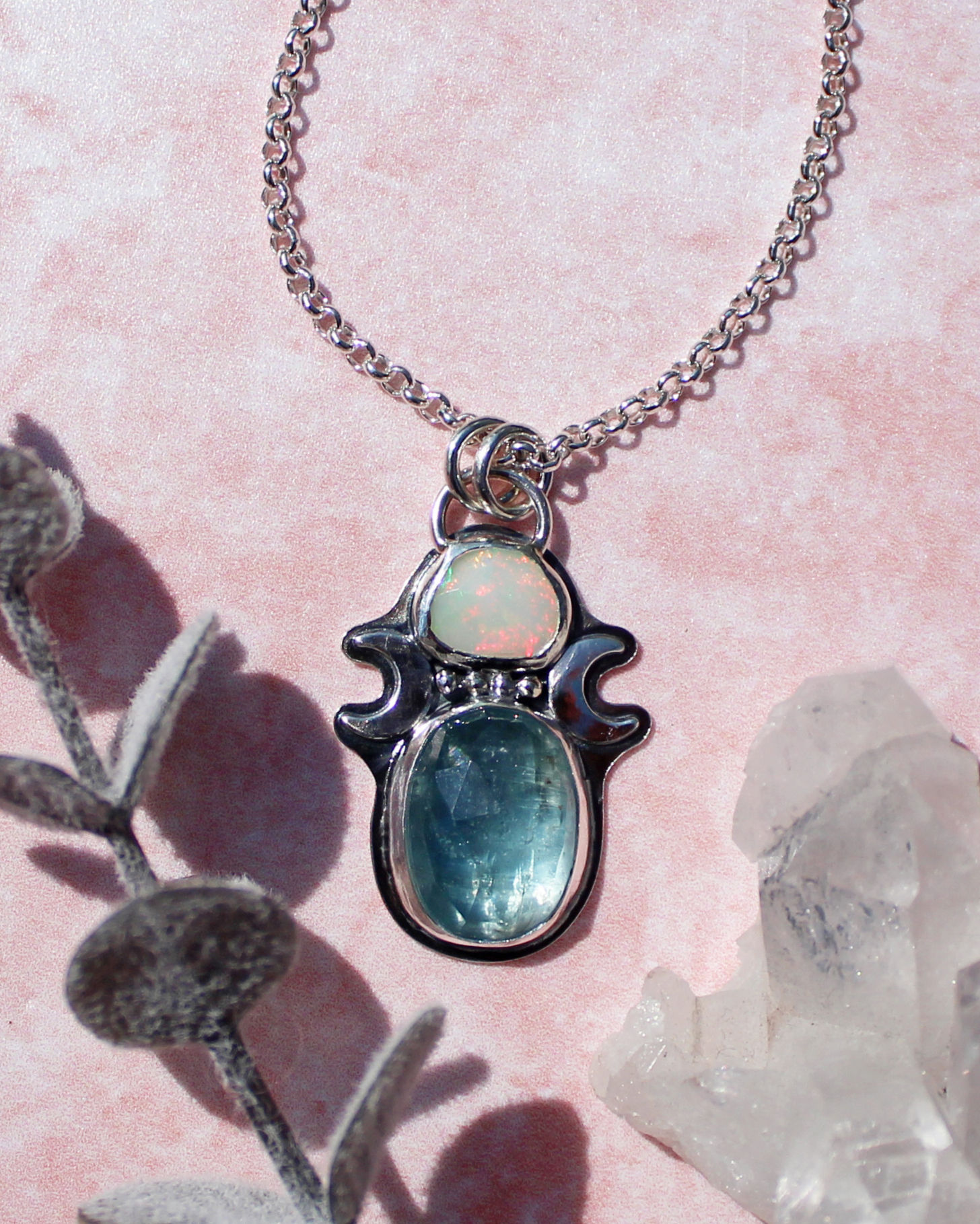 Kyanite and Opal with moons Sterling Silver Necklace