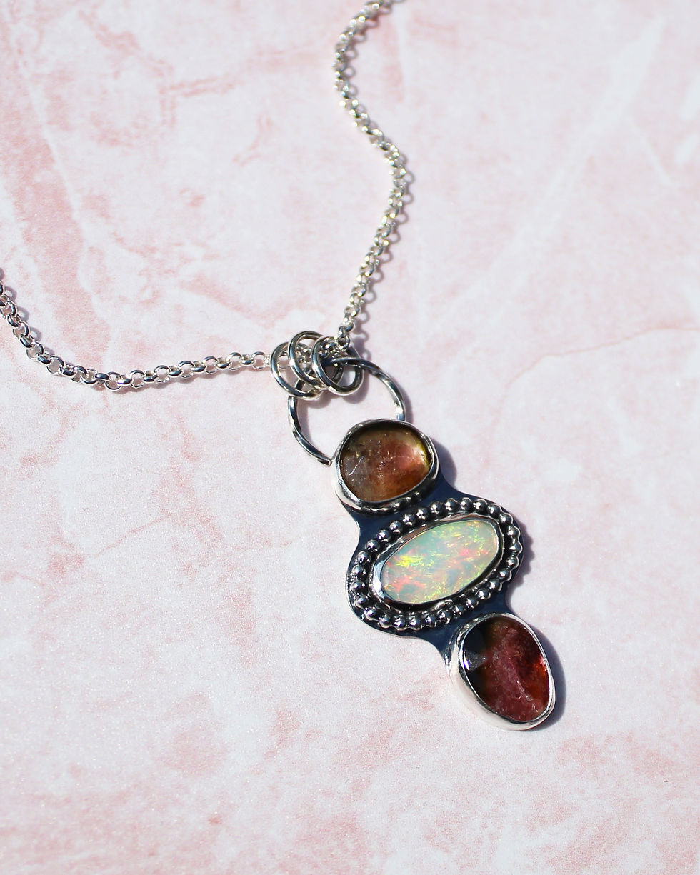 Thumbnail: Tourmaline and Opal Trio Sterling Silver Necklace