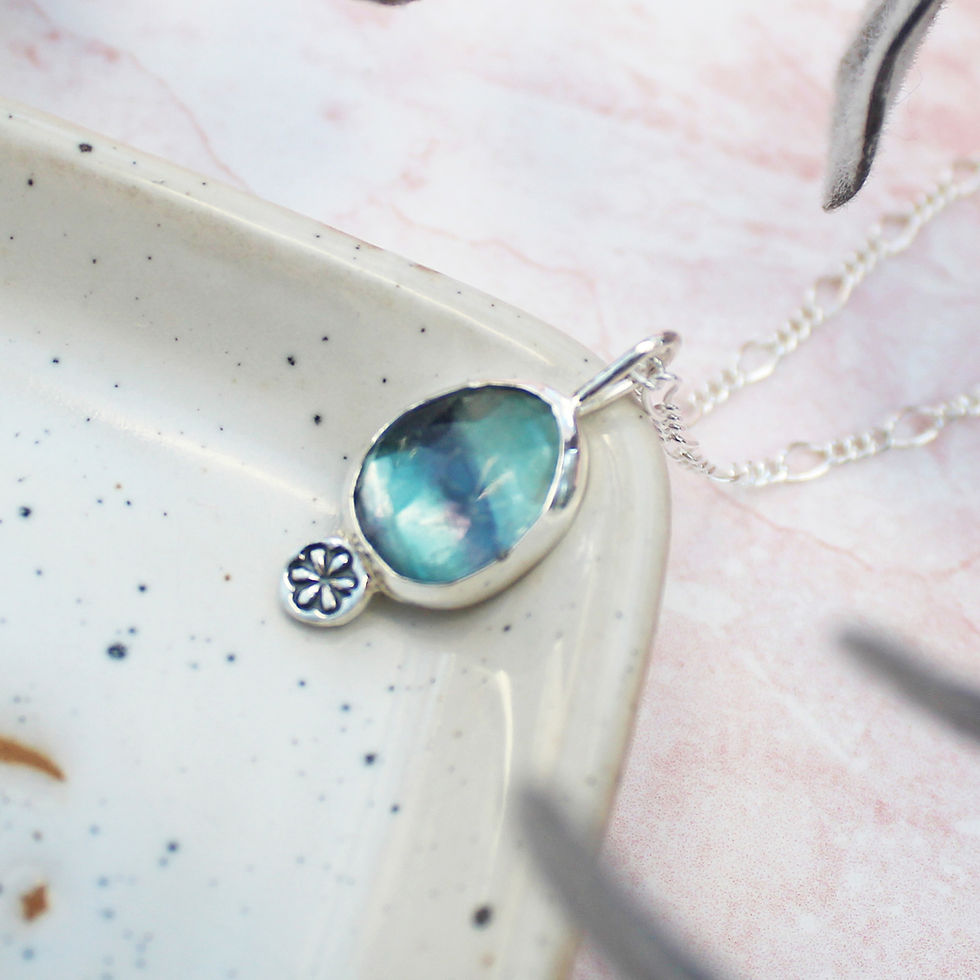 Thumbnail: Fluorite Flower Droplet 2 Sterling Silver Necklace