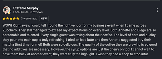 Stefanie Murphy's 5-star Google review for Zucchero coffee.