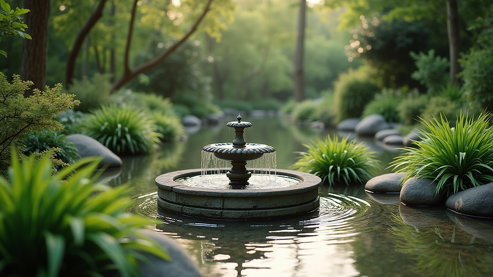 Eye-level view of a small water fountain in a serene garden