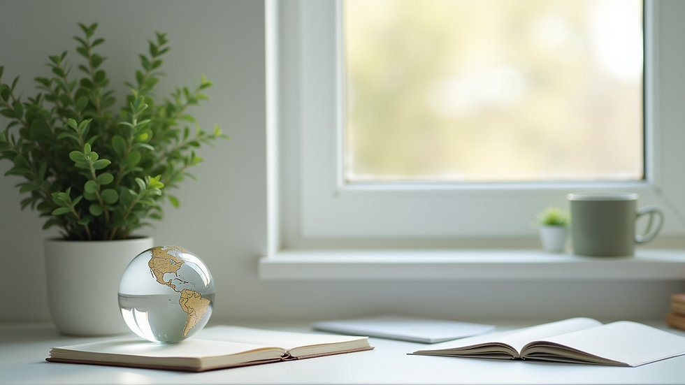 Eye-level view of a clean and organized workspace with a plant