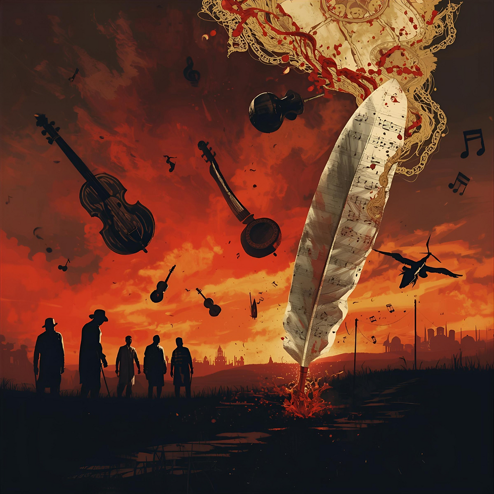 Silhouetted figures below floating violins, a feather with musical notes, on a fiery orange sunset. City skyline in the background. Mysterious mood.