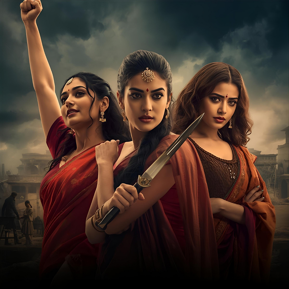 Three women in traditional attire stand confidently; one raises a fist, another holds a dagger. Dramatic, cloudy backdrop enhances intensity.