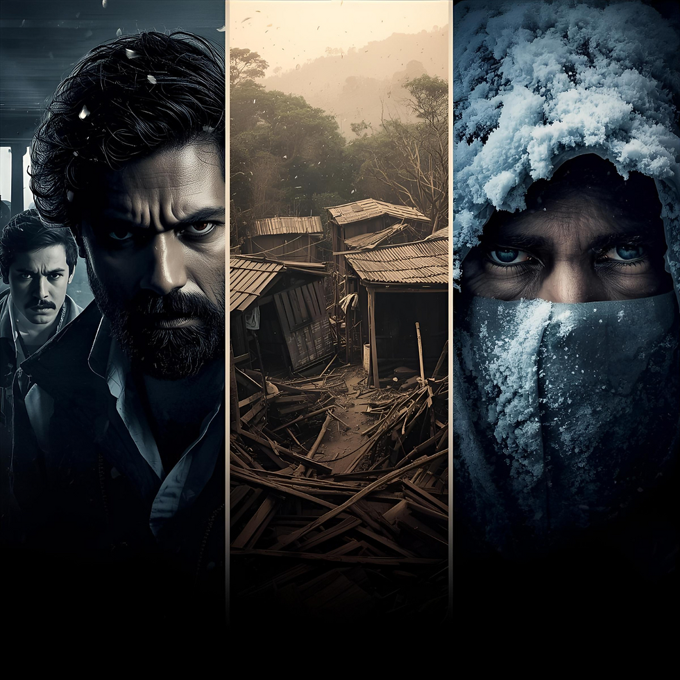 Split image: Left shows intense-faced men; Middle is a debris-filled village with a forest backdrop; Right features snow-covered person. Moody.
