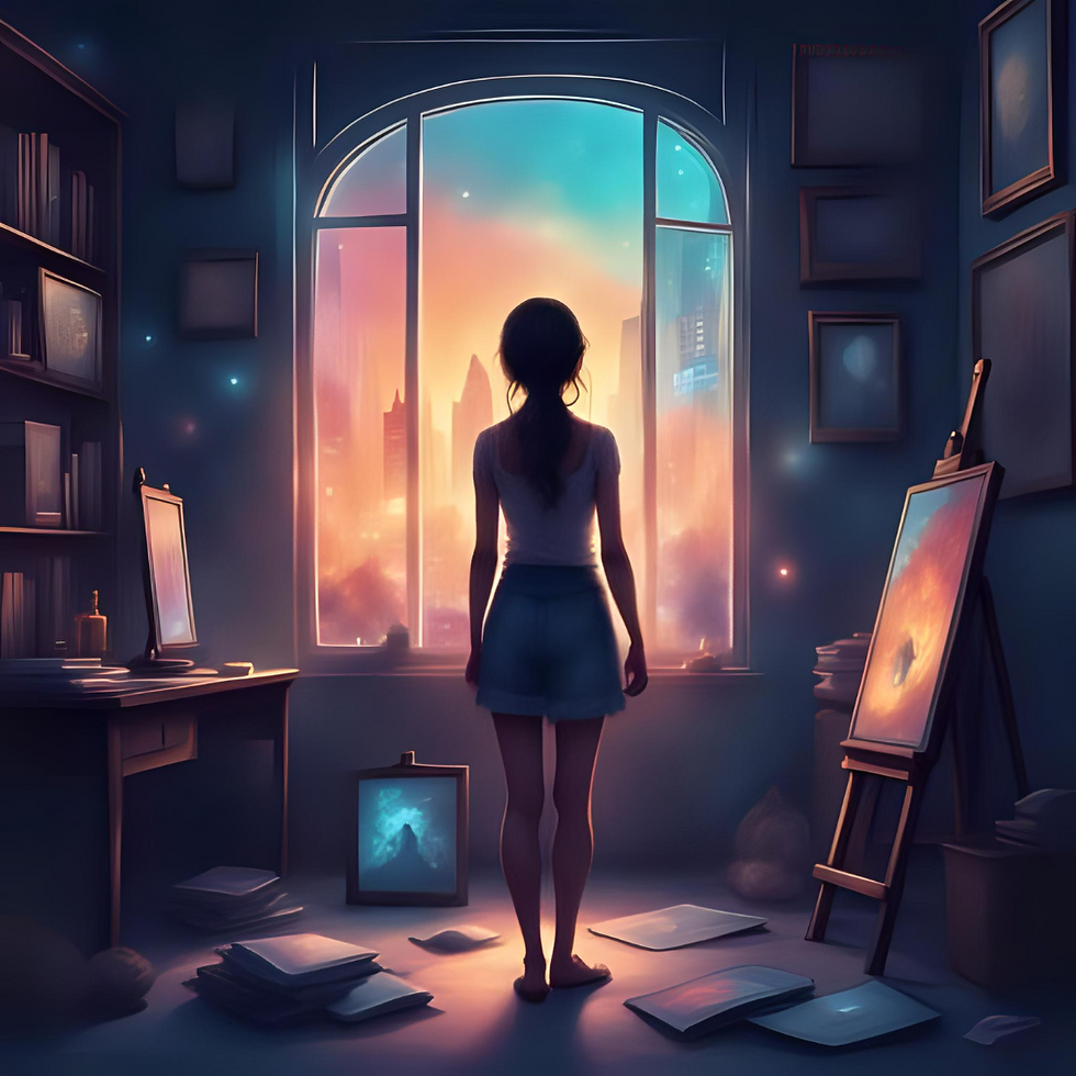 A person stands in a dim room, gazing at a vibrant sunset skyline through a window. Art supplies and paintings are scattered around, creating a contemplative mood.