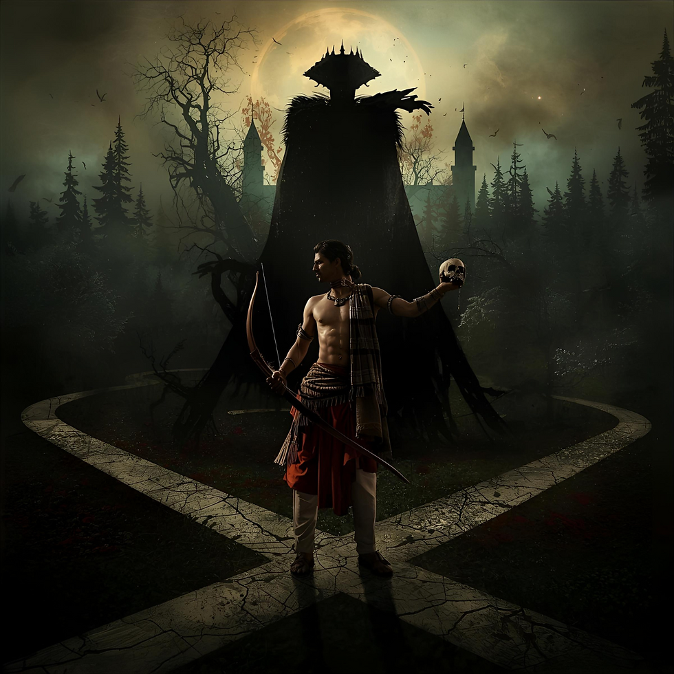 Shirtless man holds a skull and bow in a dark forest, moonlight casting shadows. A cloaked figure looms in the background, eerie atmosphere.