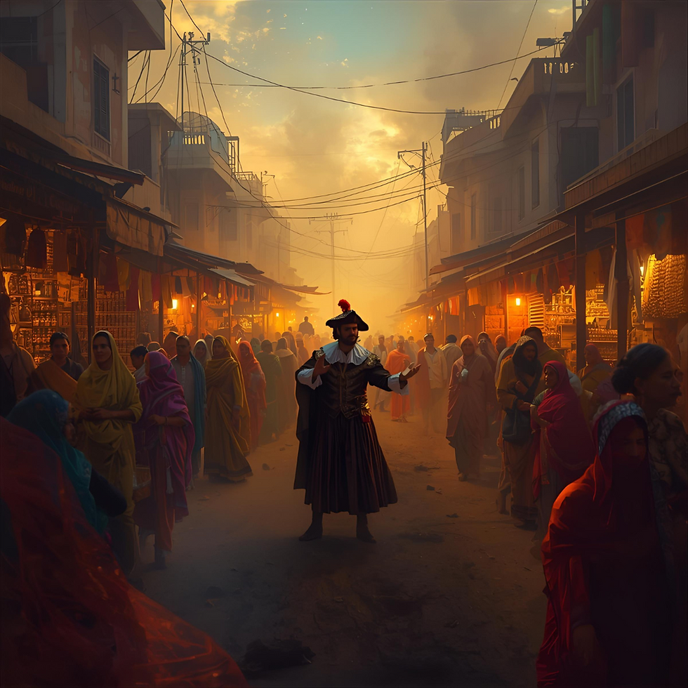 A person in historical attire stands in a bustling market street at sunset, surrounded by people in colorful garments and warm lights.
