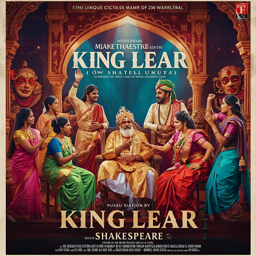 King seated in ornate setting, surrounded by people in colorful attire gesturing animatedly. Text reads "King Lear with Shakespeare."