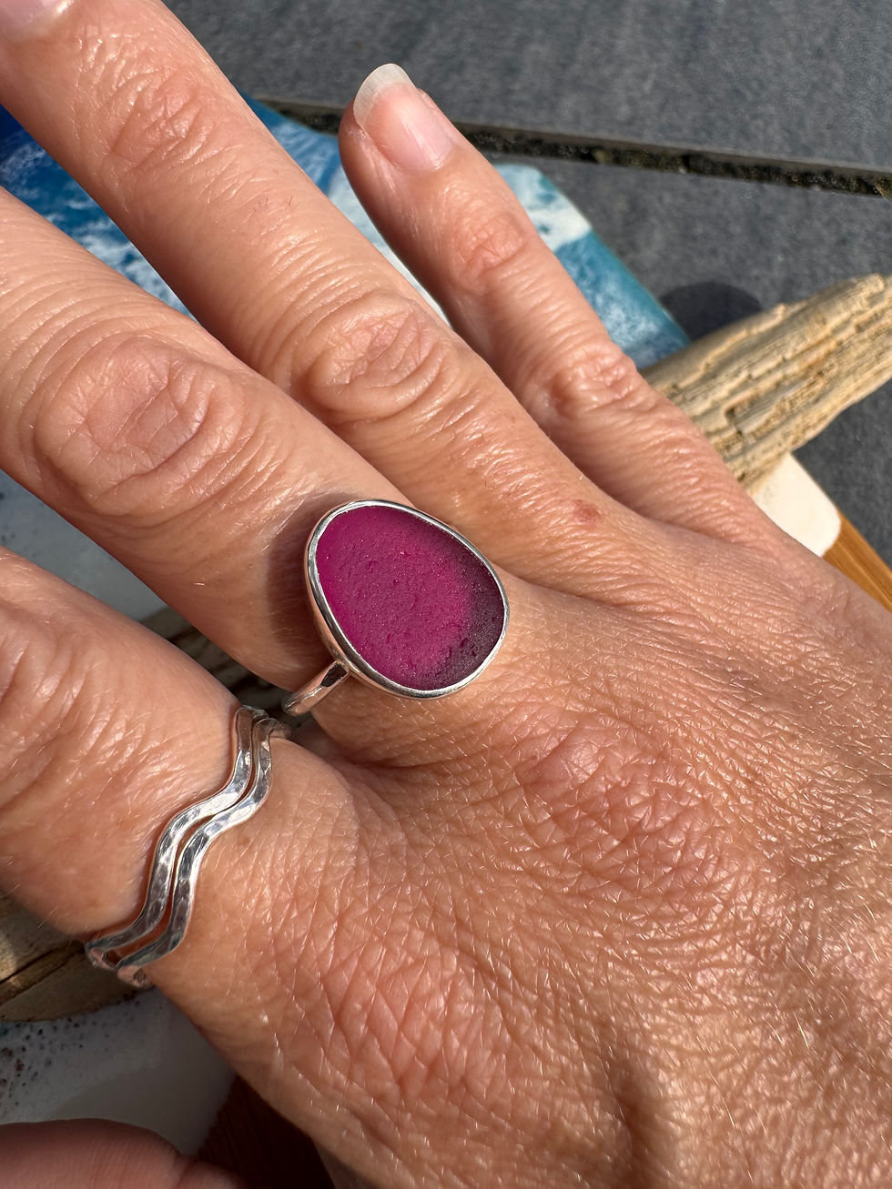 Thumbnail: White seaglass in a pink setting ring, size O 3/4