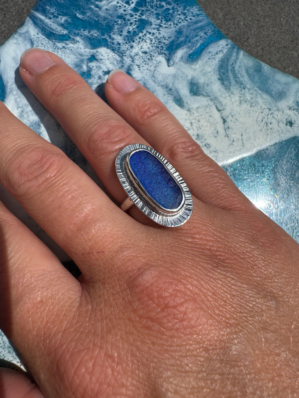 Thumbnail: Starburst set blue seaglass ring size M1/2